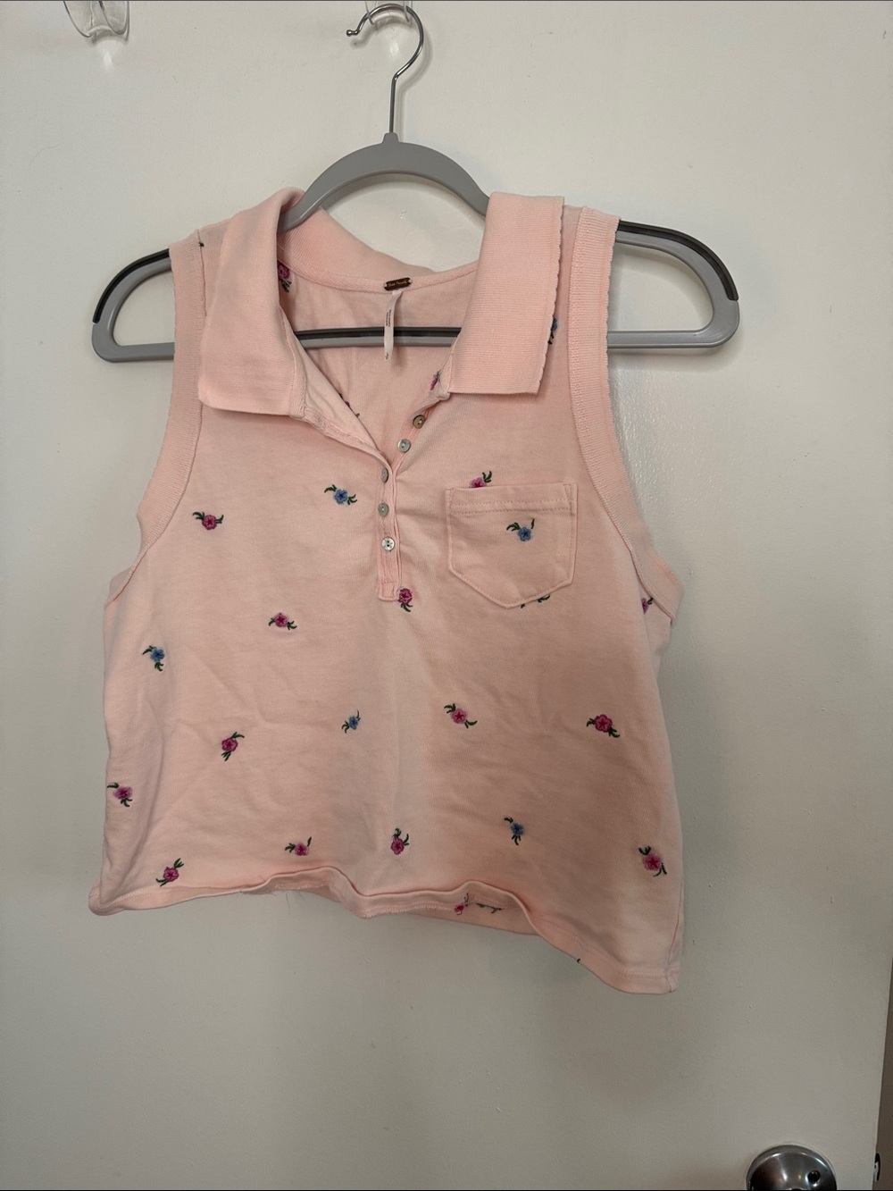 Free People Girls' Light Pink Sleeveless Polo Tank with Floral Embroidery